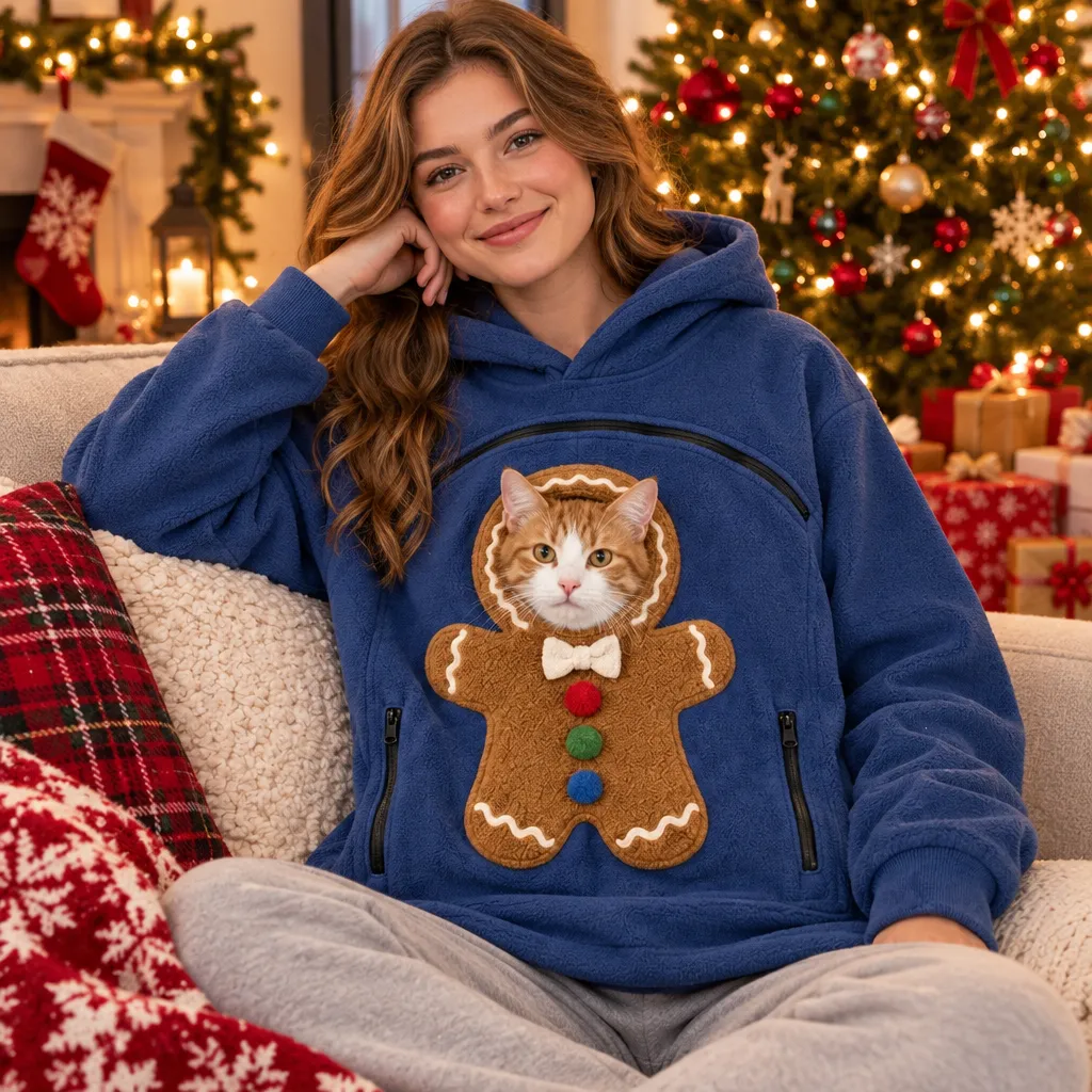 Weihnachts-Pet-Pouch-Hoodie – Gemütlicher Sherpa-Pullover Mit Integrierter Katzen- Und Hundetasche, Lebkuchen- Und Schneemann-Weihnachts-Sweatshirt - soufeelde