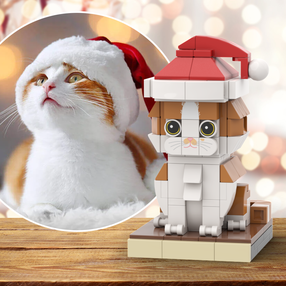 Weihnachtskatze Mit Hut, Vollständig Am Körper Anpassbar, 1 Katze, Personalisiertes Weihnachts-katzenfoto, Individuell, Ziegelfiguren, Kleiner Partikelblock, Individuell Anpassbar, Nur Katze - soufeede