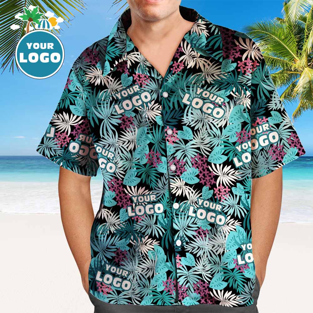Benutzerdefinierte Logo Hawaiian Shirts Sommer Blätter Design Personalisierte Aloha Strand Hemd Für Männer