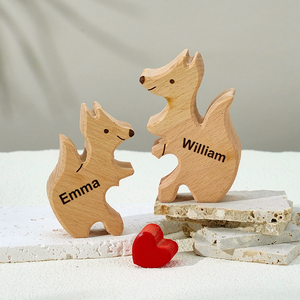 Personalisiertes Fuchs-Familienpuzzle aus Holz mit individuellen Namen
