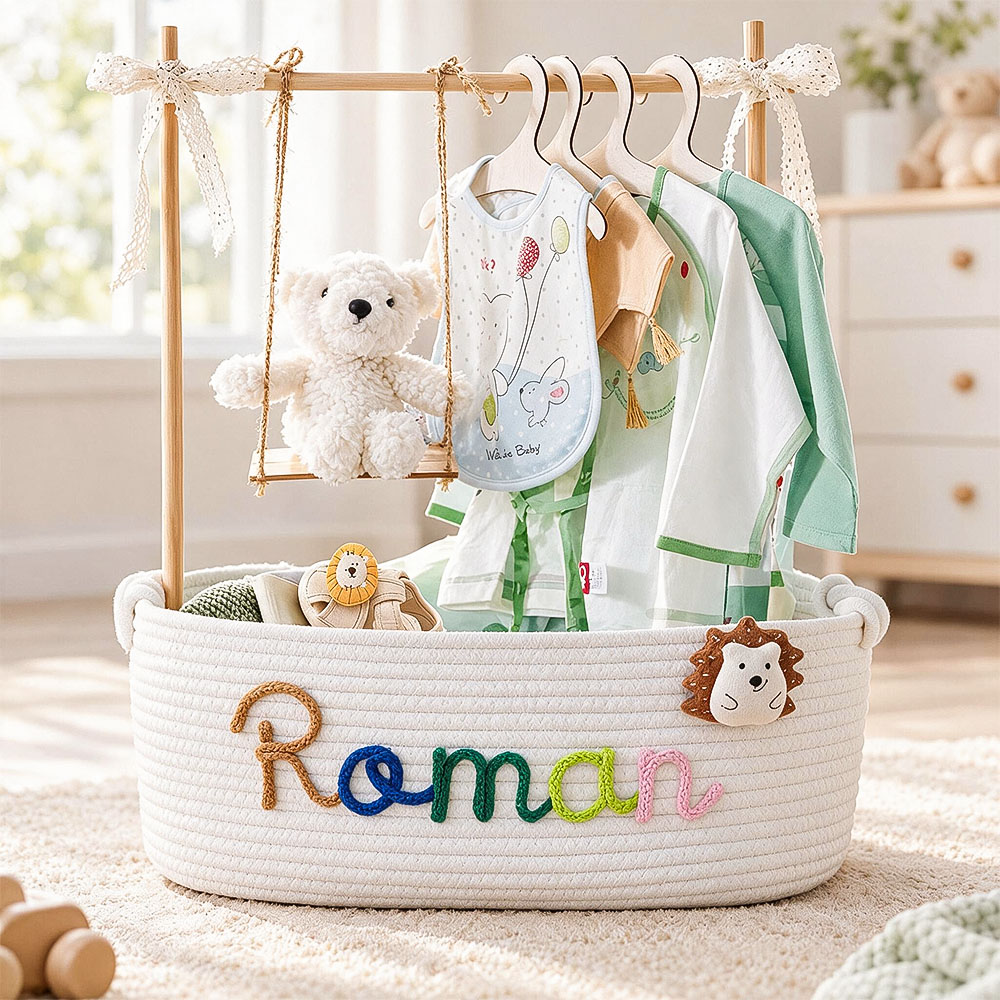 Geschenkkorb Zur Babyparty Mit Individuellem Namen – Personalisiertes Baby-Geschenkset Mit Schaukel Und Kleiderbügelständer, Erinnerungsgeschenk Für Neugeborene - soufeelde