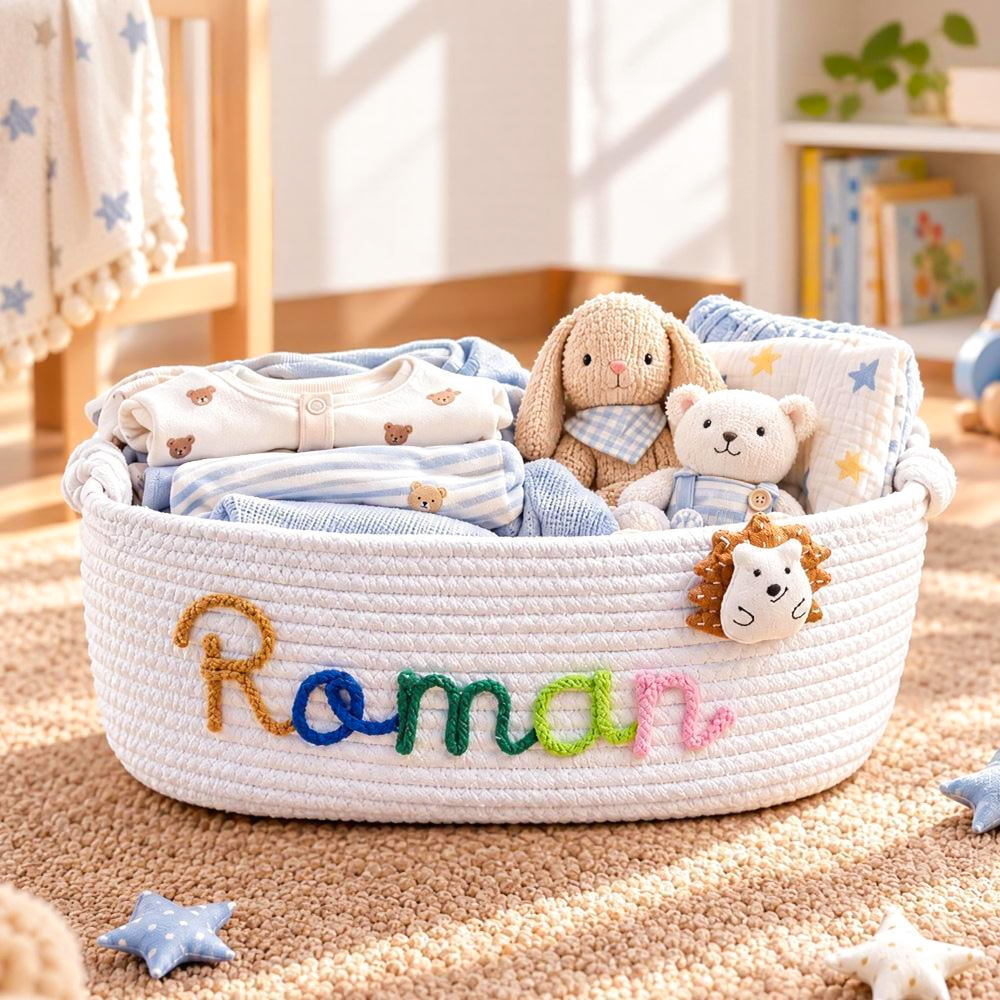Geschenkkorb Zur Babyparty Mit Individuellem Namen – Personalisiertes Baby-Geschenkset Mit Schaukel Und Kleiderbügelständer, Erinnerungsgeschenk Für Neugeborene - soufeelde