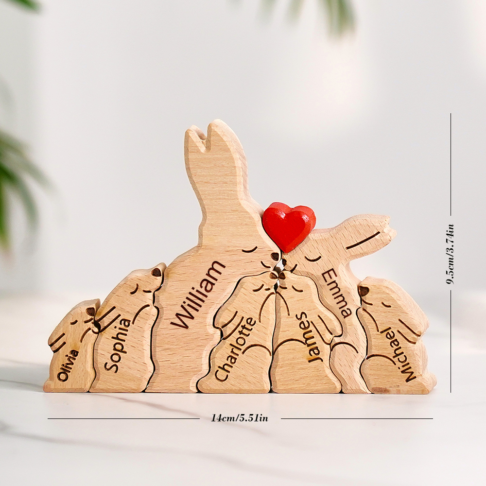 Hölzernes Kaninchen-familienpuzzle Mit Individuellen Namen, Einweihungsgeschenke, Heimdekoration - soufeede
