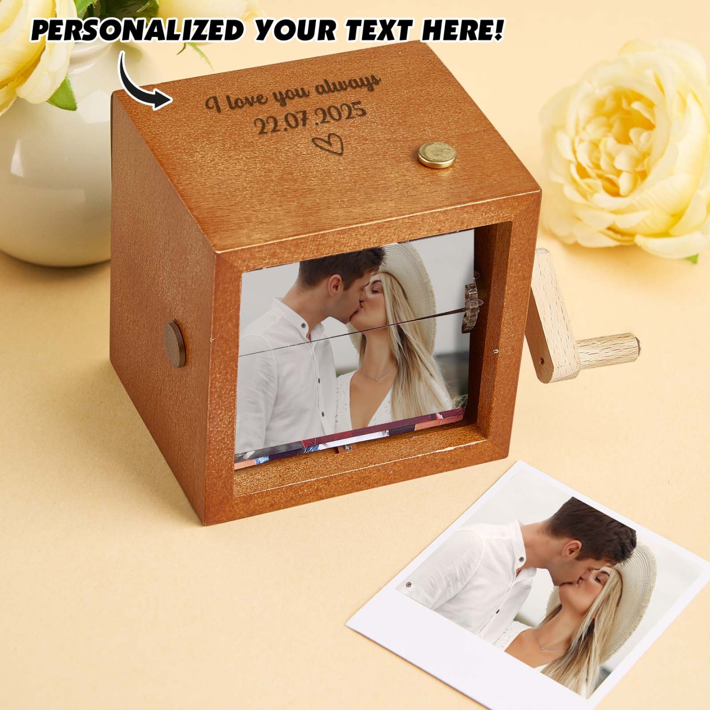 Benutzerdefinierter Foto-Flipbook-Rahmen, Animationsmaschine, mechanisches Fotoalbum mit Handkurbel und leichtem Baby-Foto-Würfelrahmen aus schwarzem Walnussholz, kreatives Geschenk Benutzerdefiniertes Flipbook mit handgekurbelter Filmmaschine