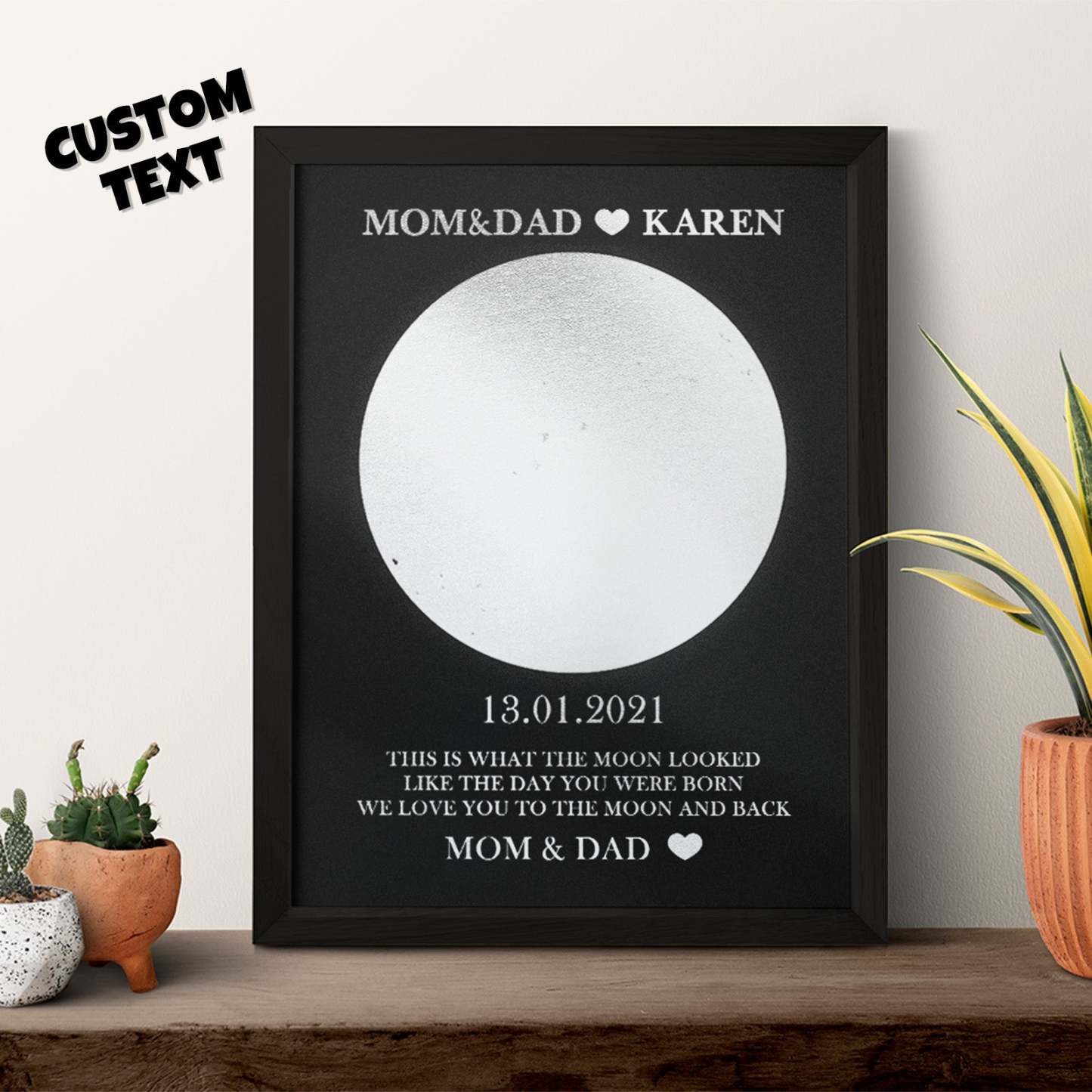 Personalisierter Mondphasen-foliendruck, Holzrahmen, Personalisiertes Familiengeschenk Mit Namen Und Text - soufeede