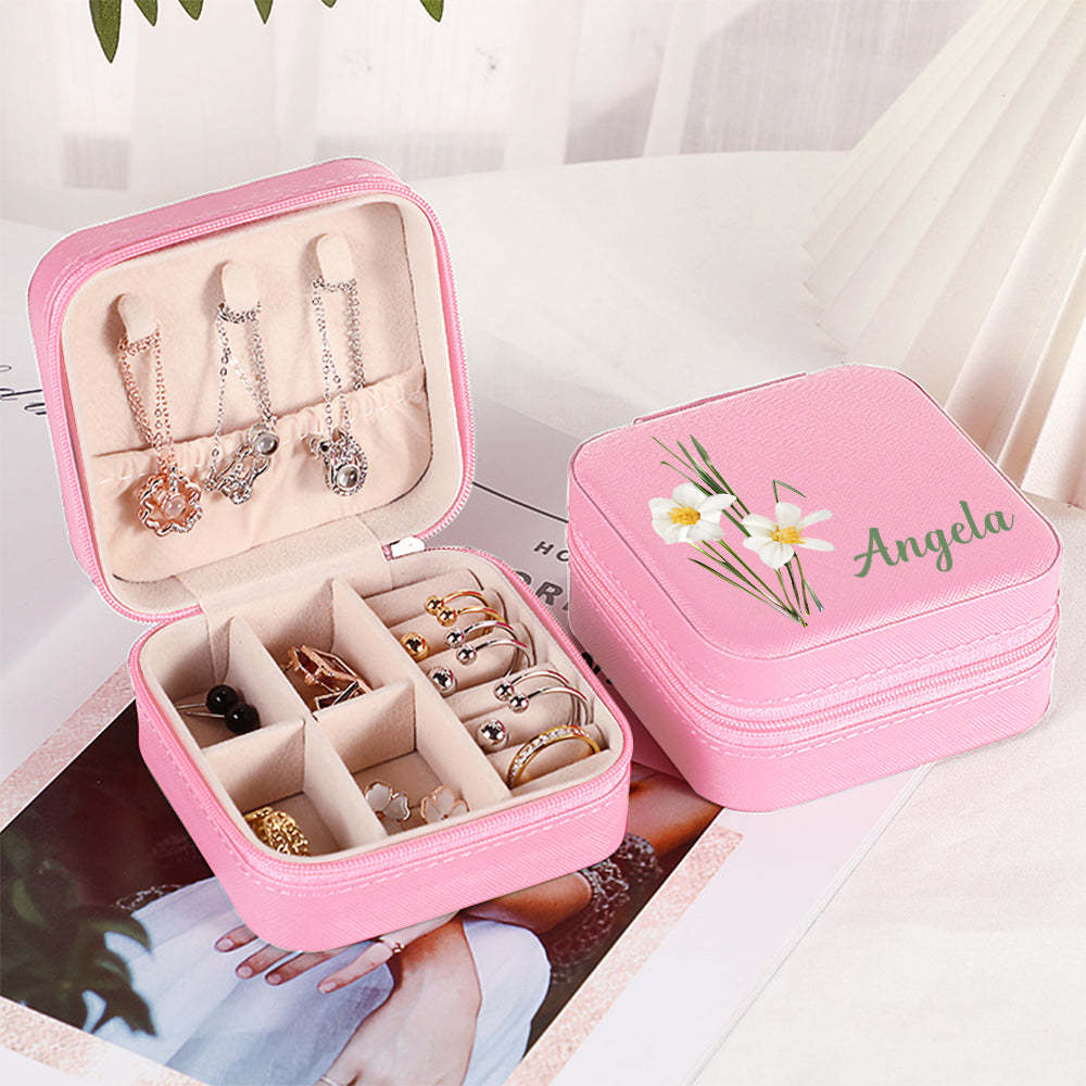 Personalisierte Namens-schmuckschatulle Aus Pu-leder, Geburtsblumen-schmuck-organizer, Geschenke Für Sie - soufeede