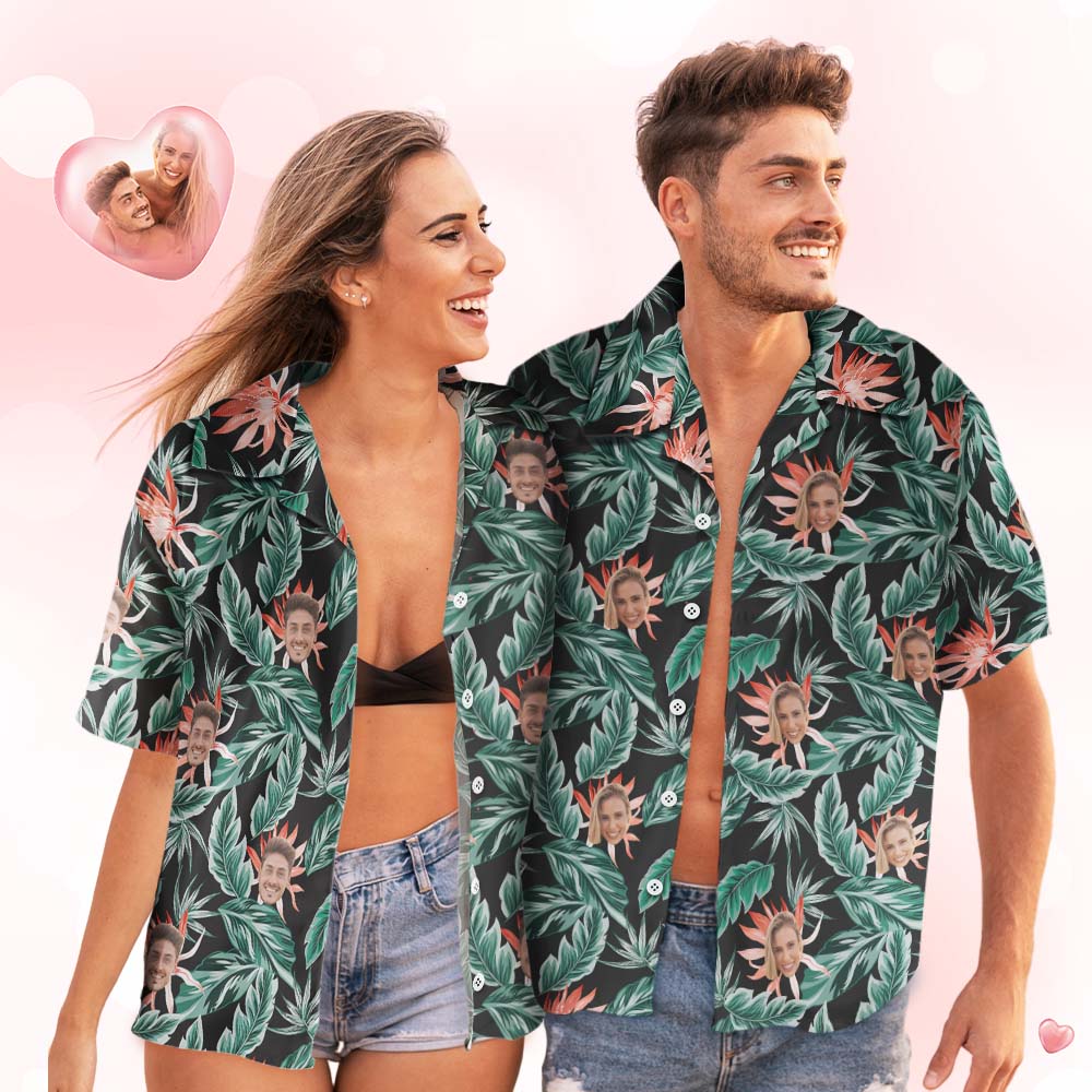 Benutzerdefinierte Gesichts-Poloshirts, personalisiertes Frauen-Foto-Shirt, grüne Blätter, Geschenk für Sie – MyHawaiianShirts
