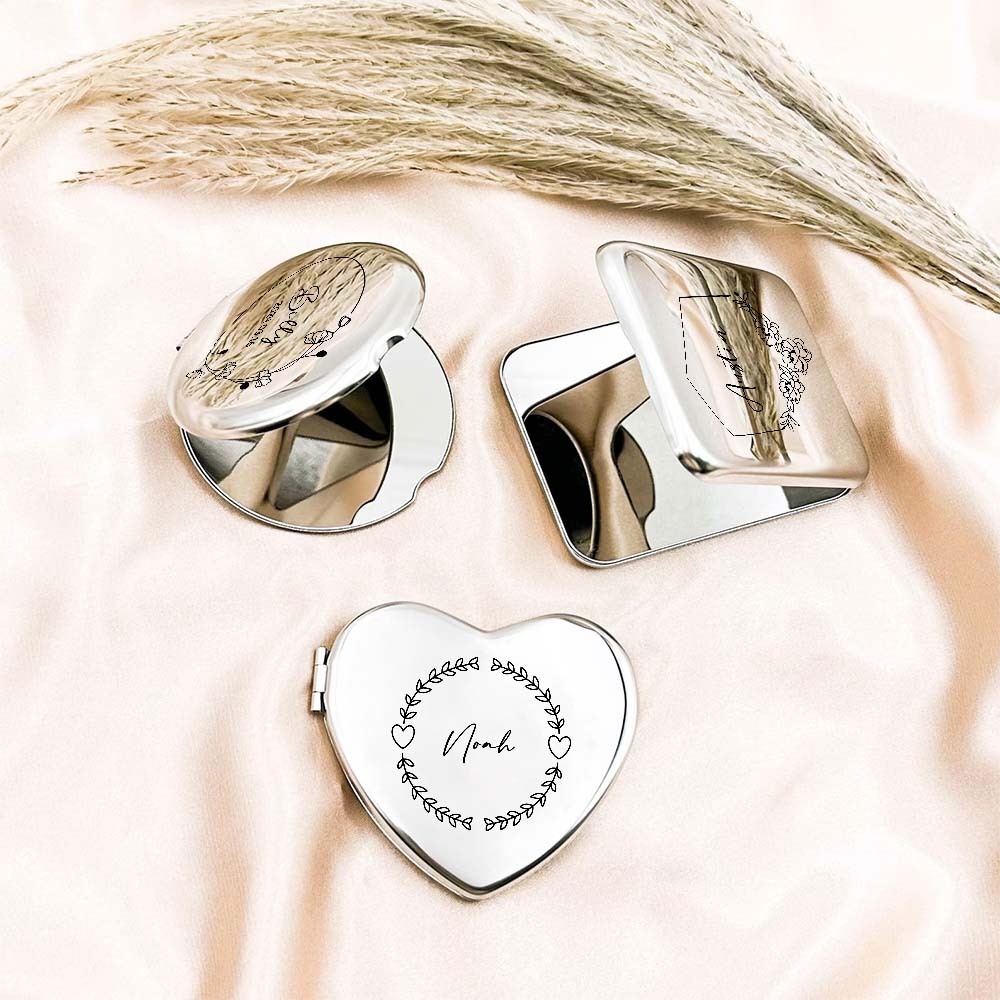 Silberner Kompaktspiegel mit personalisierter Gravur, Taschenspiegel mit individueller Gravur, Geschenk für Sie, Brautjungferngeschenke, Hochzeitspartygeschenke