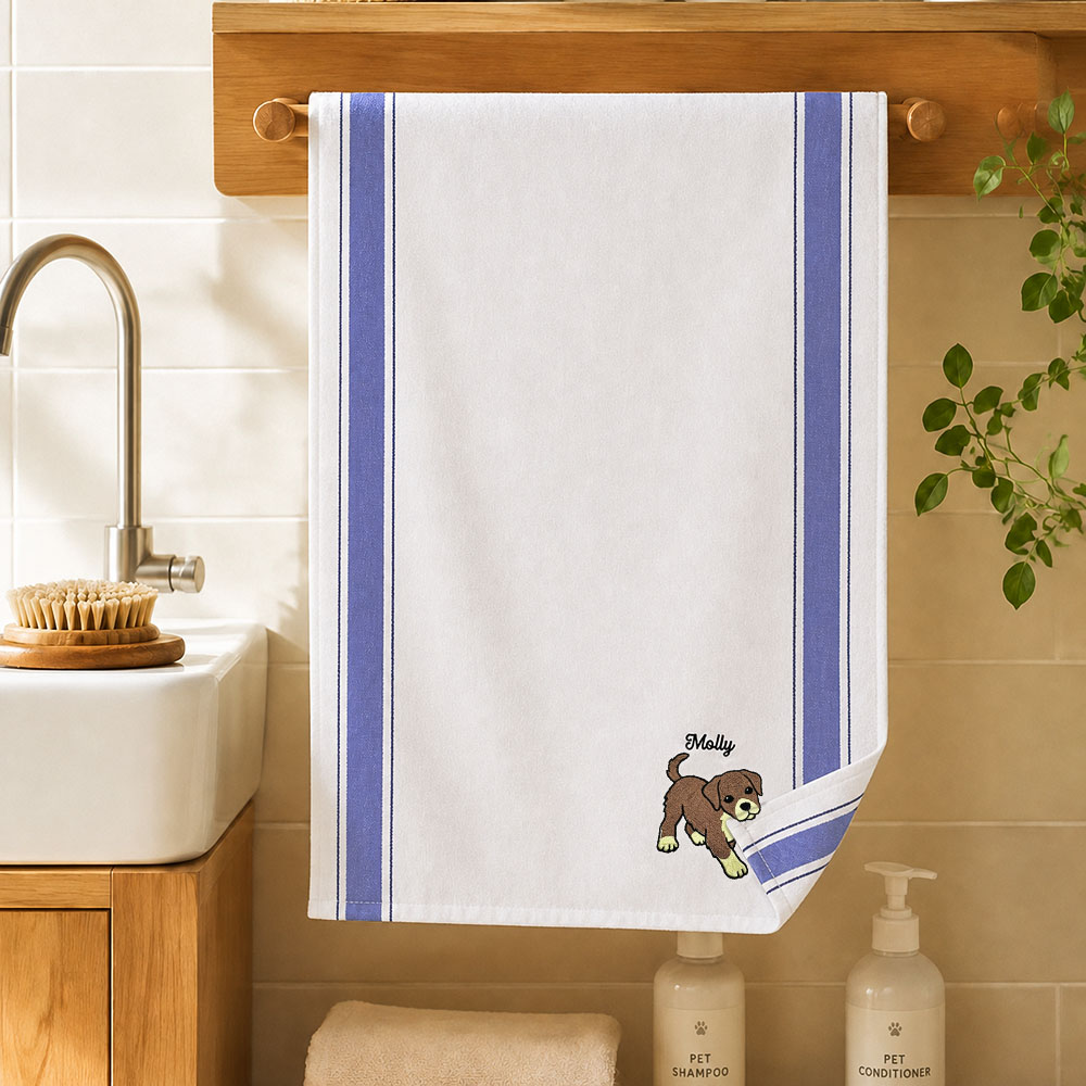 Personalisiertes Besticktes Handtuch Mit Hund Und Katze – Individuelles Handtuch Mit Kosenamen Für Badezimmer Und Küche