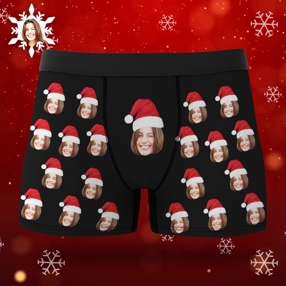 Benutzerdefinierte Gesichts-boxershorts Mit Weihnachtsmütze, Personalisierte Foto-unterwäsche, Weihnachtsgeschenk Für Männer, Ar-ansicht-geschenk - soufeede