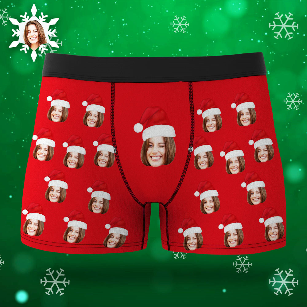 Benutzerdefinierte Gesichts-boxershorts Mit Weihnachtsmütze, Personalisierte Foto-unterwäsche, Weihnachtsgeschenk Für Männer, Ar-ansicht-geschenk - soufeede