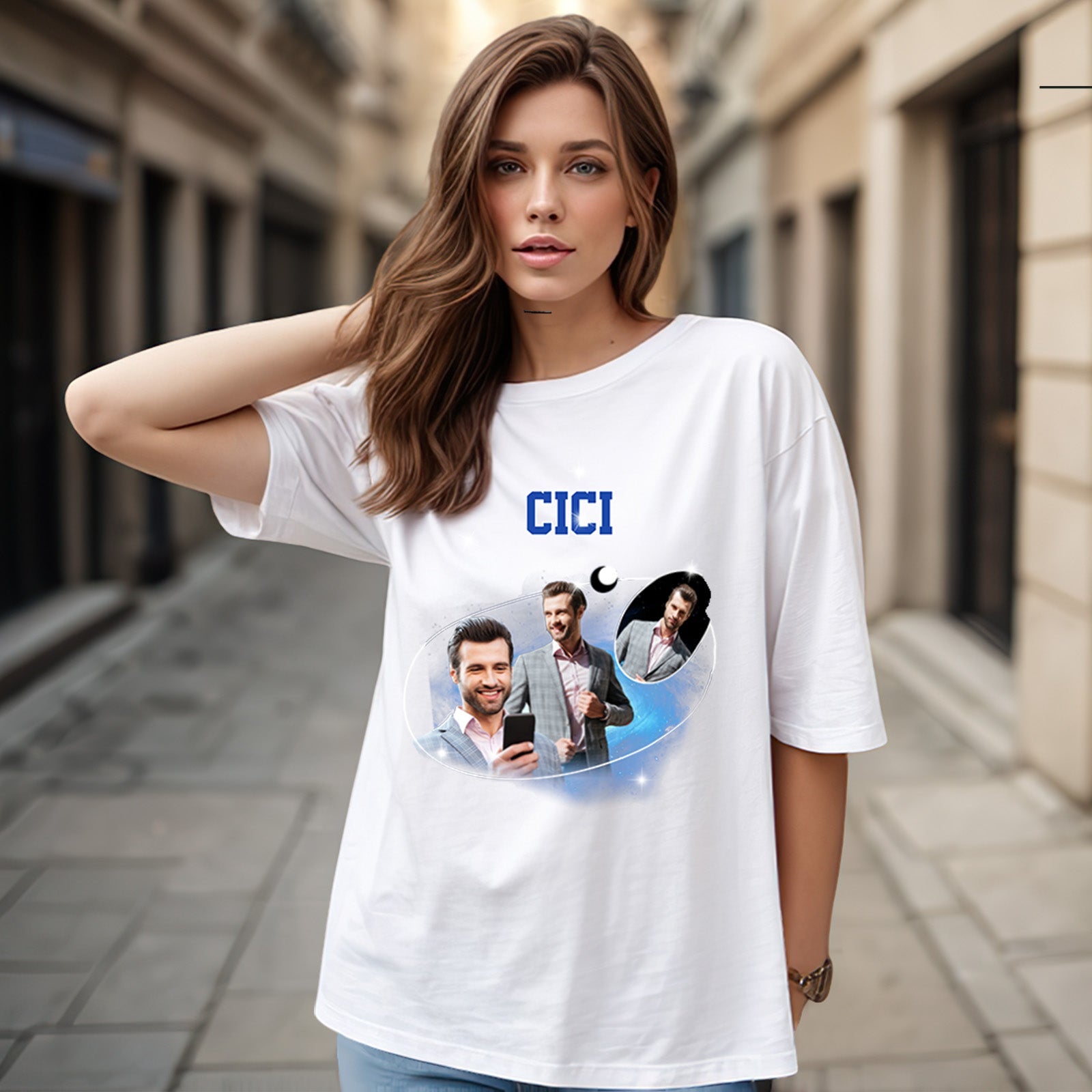 Benutzerdefiniertes Vintage-T-Shirt mit Foto und Namen. Kosmische Galaxie und Halbmond. Vintage-T-Shirt als Geschenk für Frauen - MyHawaiianShirts