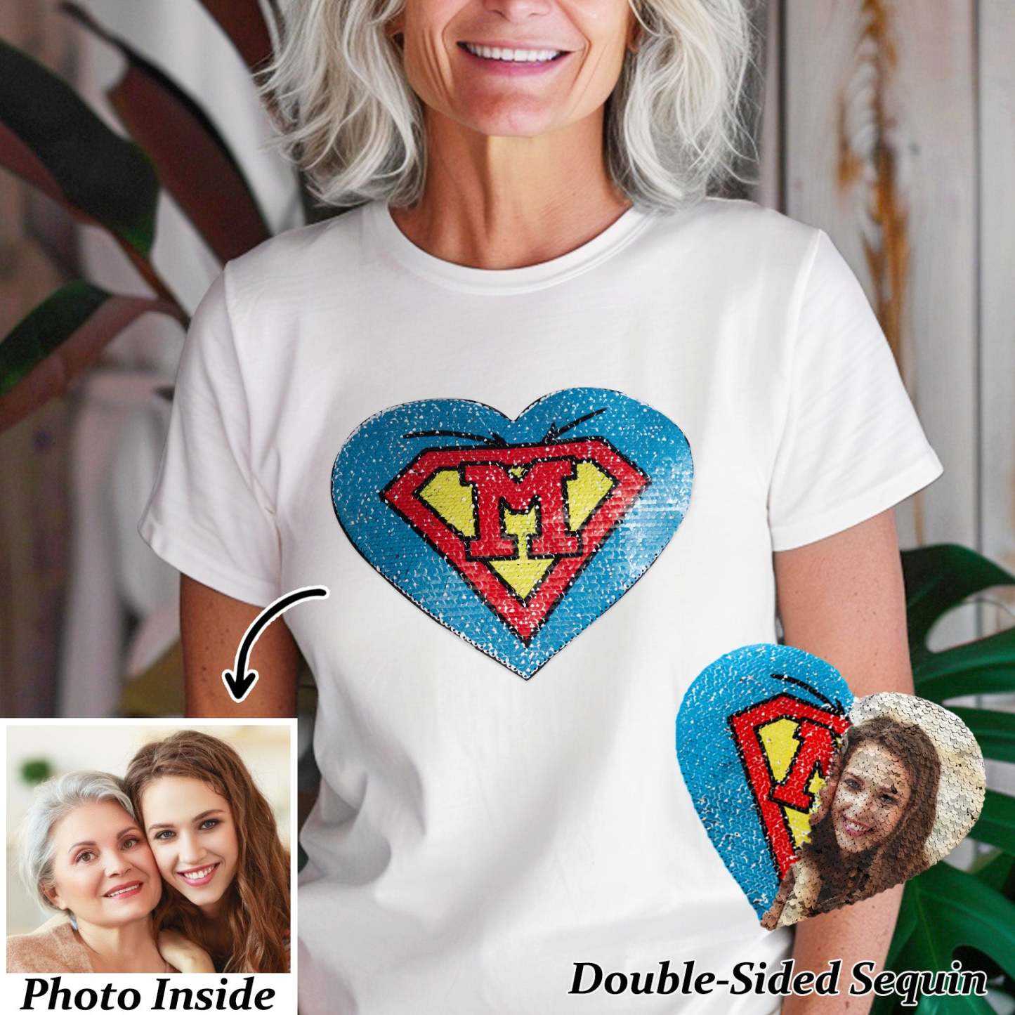 Benutzerdefinierte Foto Herz Flip Doppelseitige Pailletten T-shirt Personalisierte Bild Pailletten T-shirt Muttertagsgeschenke - soufeede