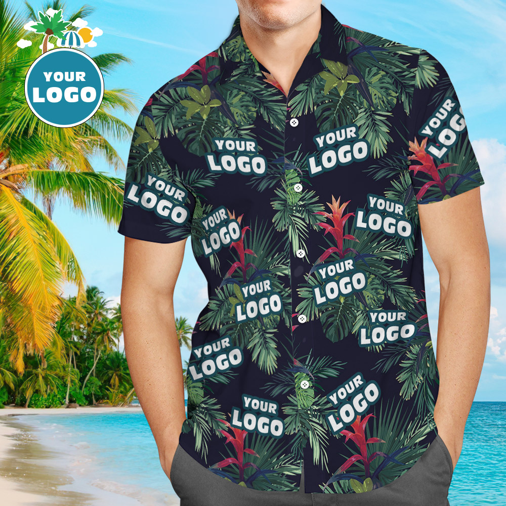 Individuelles Logo Hawaiian Shirts Sommer Bunte Blätter Aloha Strand Hemd Für Männer