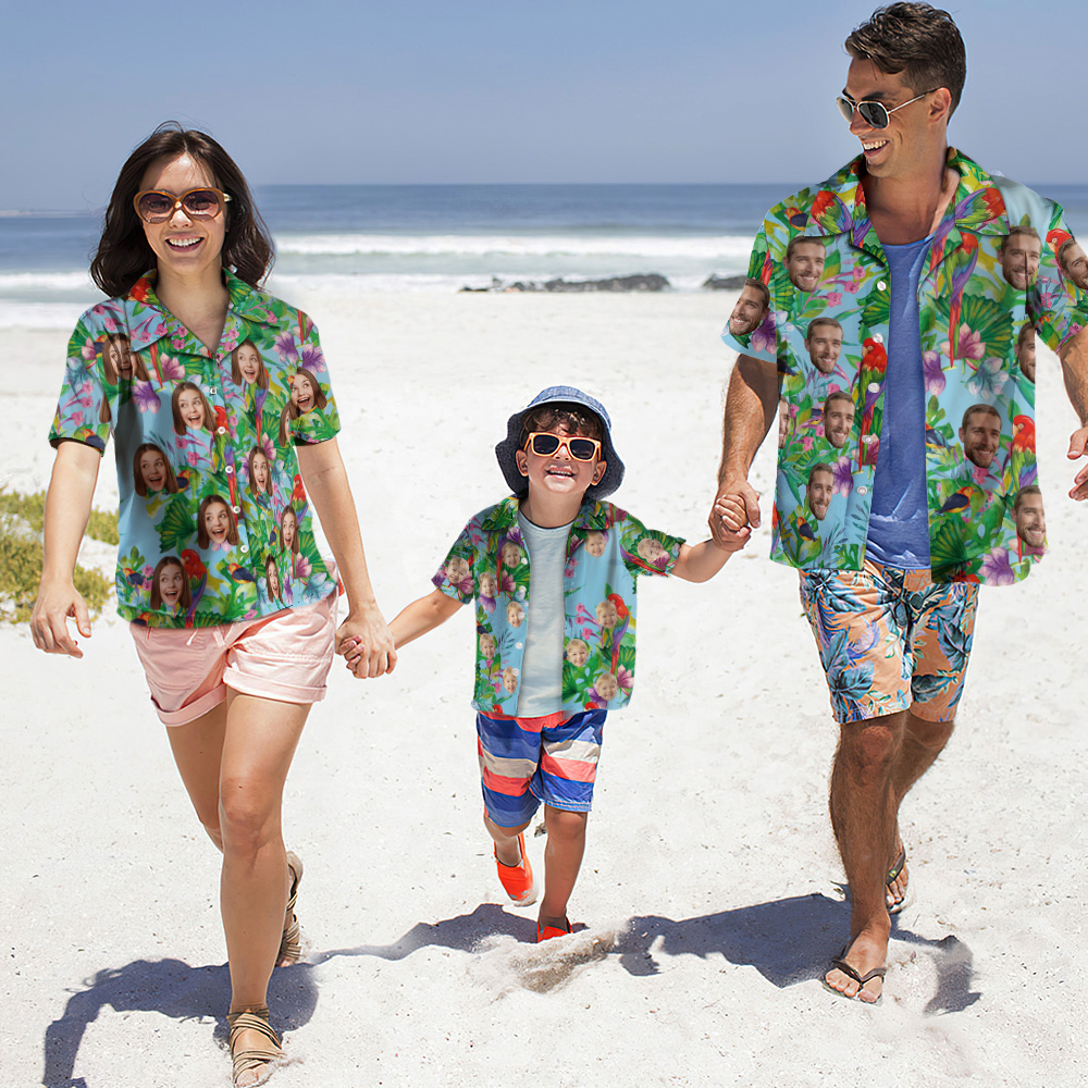 Benutzerdefinierte Foto Hawaiian Shirt Eltern-kind Trägt Personalisierte Gesicht Hawaiian Shirt Geschenk Bunte Papagei