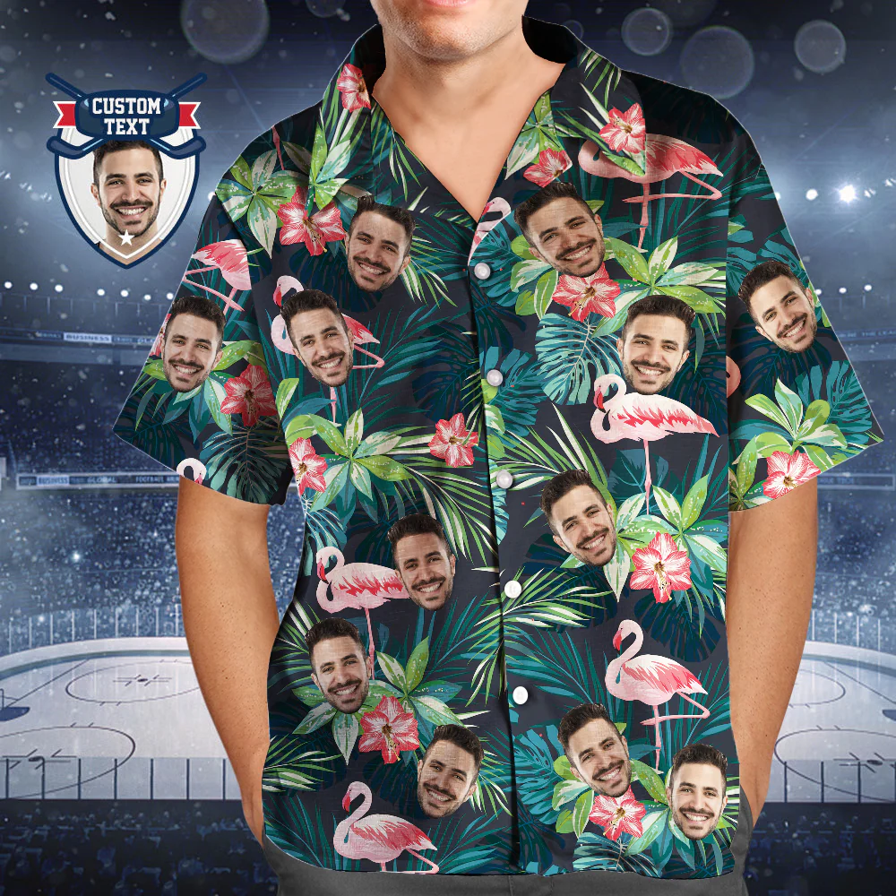 Individuell bedrucktes Hawaii-Hemd für Fans, personalisiertes Gesicht und Text, Hawaii-Hemd, Geschenk für Fans – Flamingo