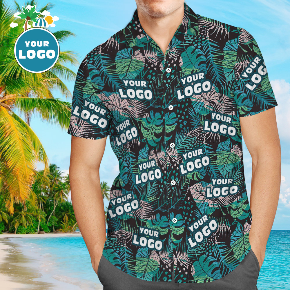 Benutzerdefinierte Logo Hawaiian Shirts Sommer Blätter Personalisierte Aloha Strand Hemd Für Männer