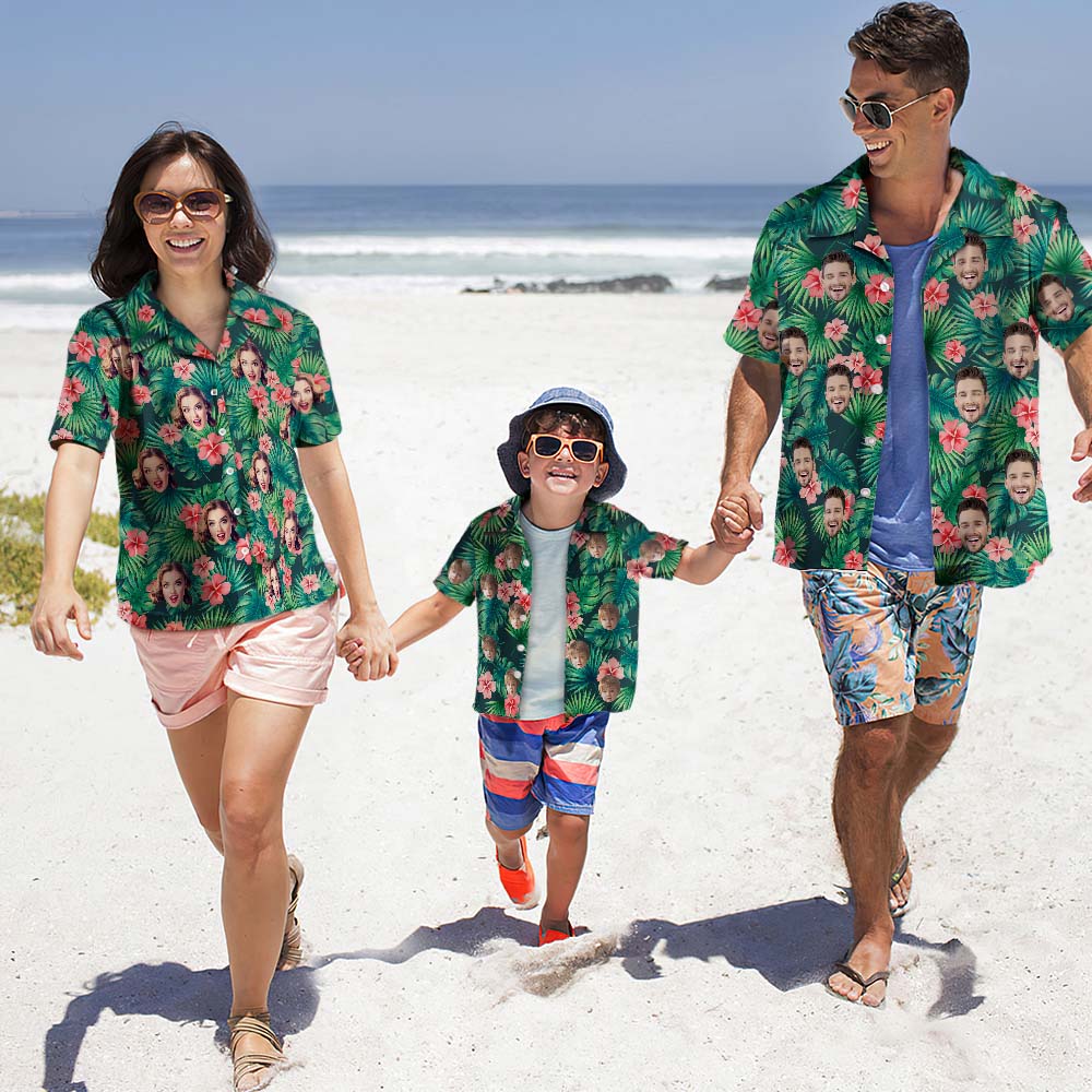 Benutzerdefinierte Foto Hawaiian Shirt Eltern-Kind trägt personalisierte Gesicht Hawaiian Shirt Geschenk rote Blumen