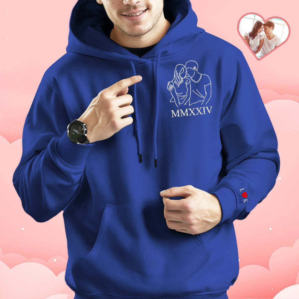 Individuell Bestickter Foto-umriss-hoodie Mit Römischen Ziffern, Sweatshirt-geschenke Für Paare - soufeede