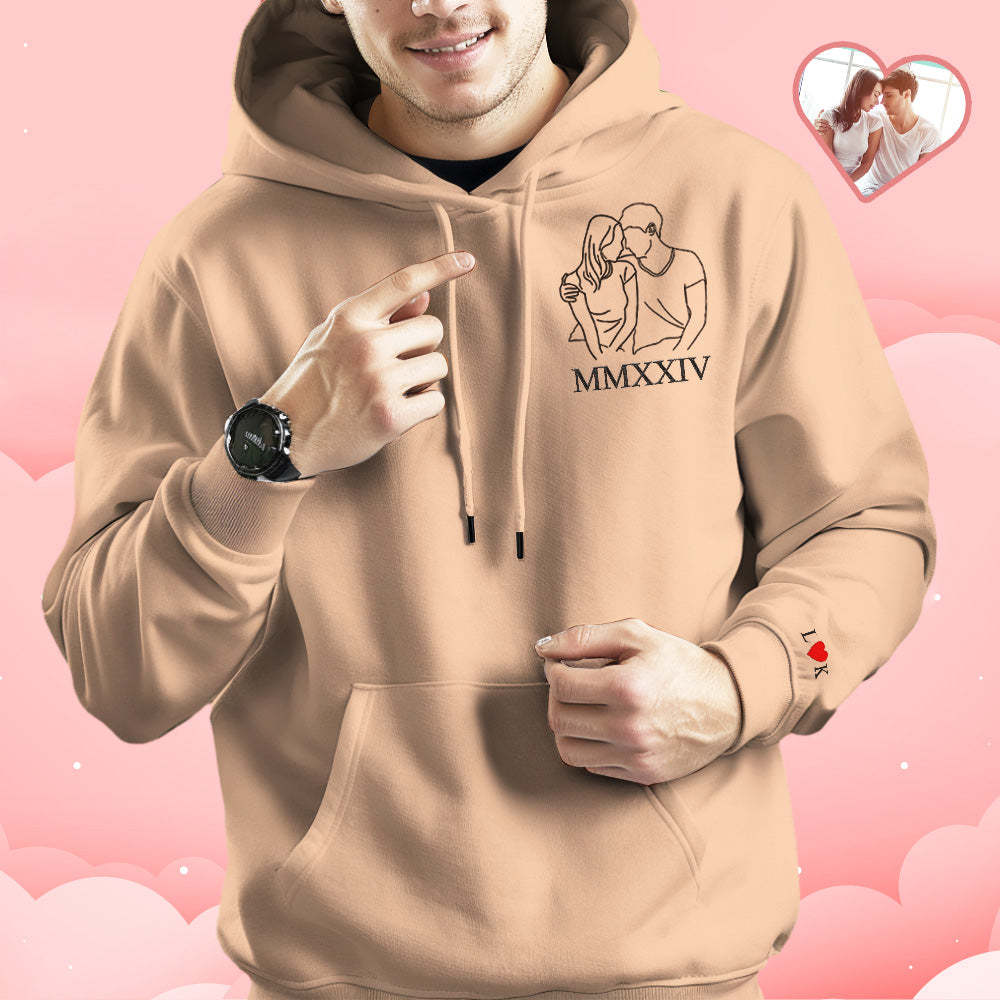 Individuell Bestickter Foto-umriss-hoodie Mit Römischen Ziffern, Sweatshirt-geschenke Für Paare - soufeede