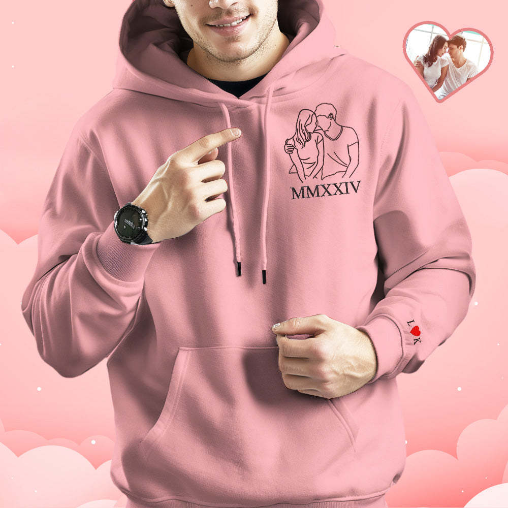 Individuell Bestickter Foto-umriss-hoodie Mit Römischen Ziffern, Sweatshirt-geschenke Für Paare - soufeede