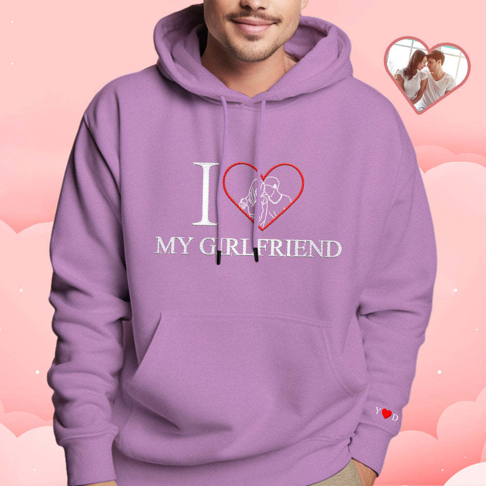 Personalisierter Bestickter Foto-umriss-hoodie Mit Rotem Herz, Individuelles Bild-portrait-sweatshirt, Valentinstagsgeschenk - soufeede