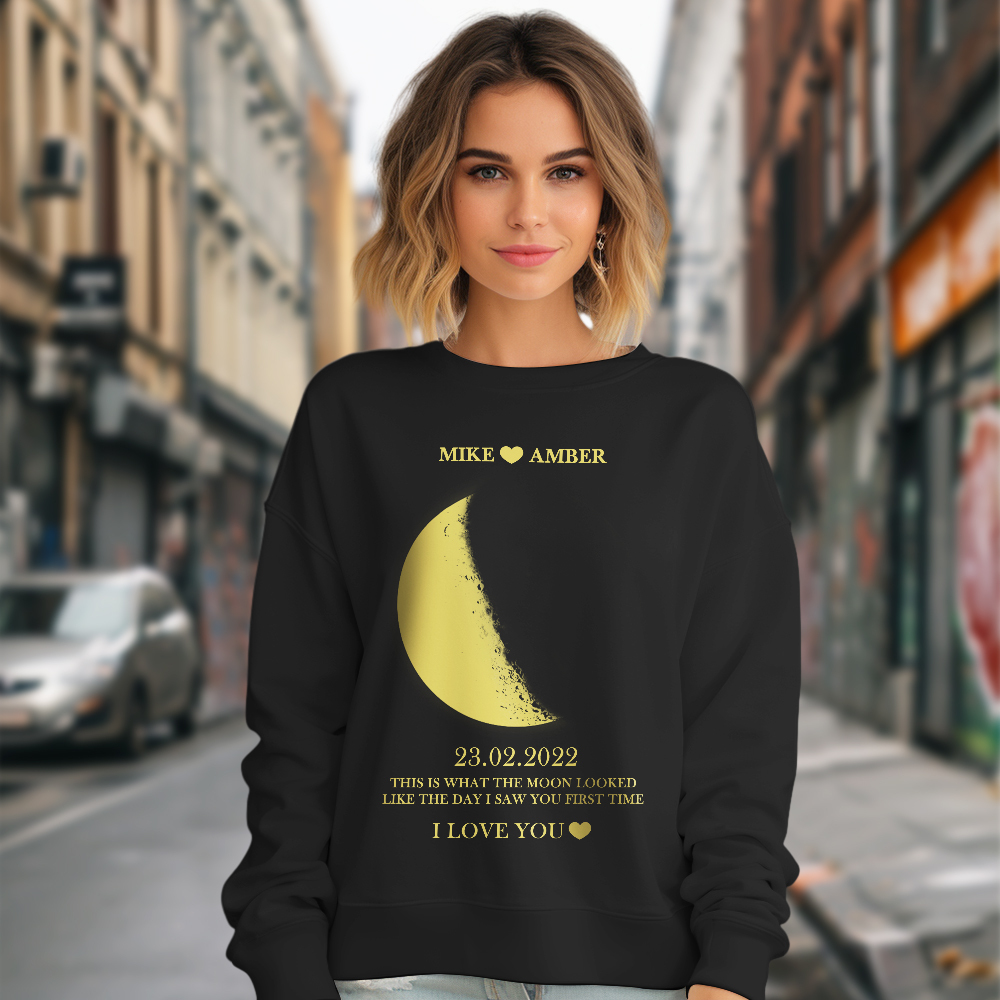 Personalisiertes Mondphasen-unisex-sweatshirt Mit Rundhalsausschnitt, Personalisierte Namen, Rundhals-sweatshirt, Valentinstagsgeschenke Für Paare