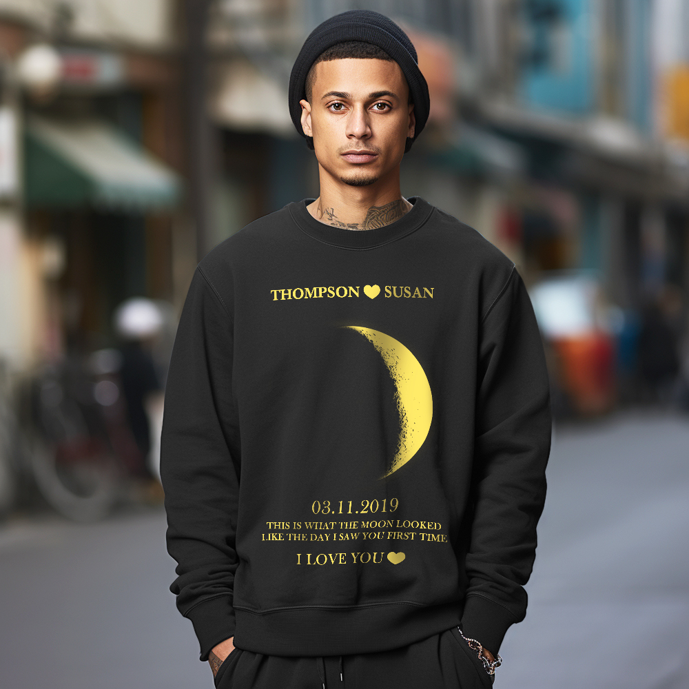 Personalisiertes Mondphasen-unisex-sweatshirt Mit Rundhalsausschnitt, Personalisierte Namen, Rundhals-sweatshirt, Valentinstagsgeschenke Für Paare