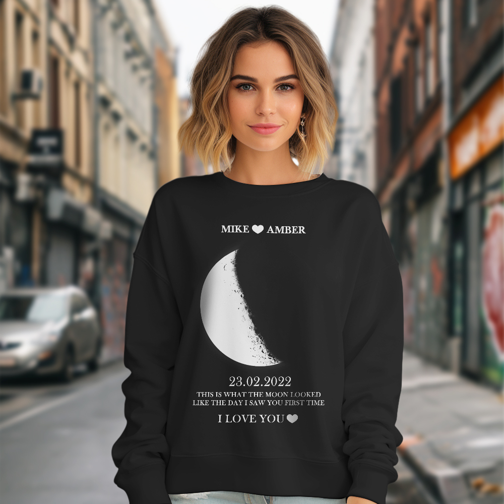 Personalisiertes Mondphasen-unisex-sweatshirt Mit Rundhalsausschnitt, Personalisierte Namen, Rundhals-sweatshirt, Valentinstagsgeschenke Für Paare