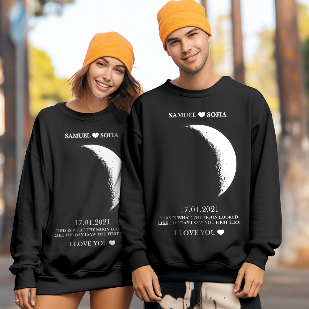 Personalisiertes Mondphasen-unisex-sweatshirt Mit Rundhalsausschnitt, Personalisierte Namen, Rundhals-sweatshirt, Valentinstagsgeschenke Für Paare