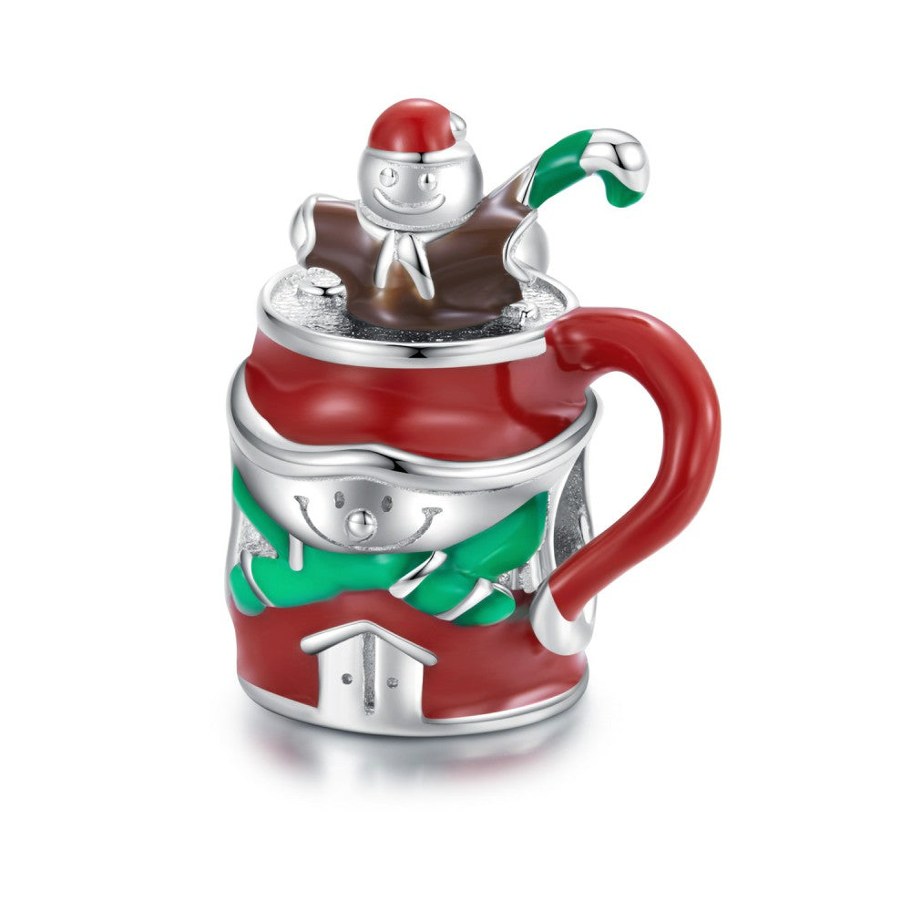 Schneemann, heißer Kakao, Emaille-Charm, 925er Sterlingsilber, Weihnachtsgeschenke, dy1366
