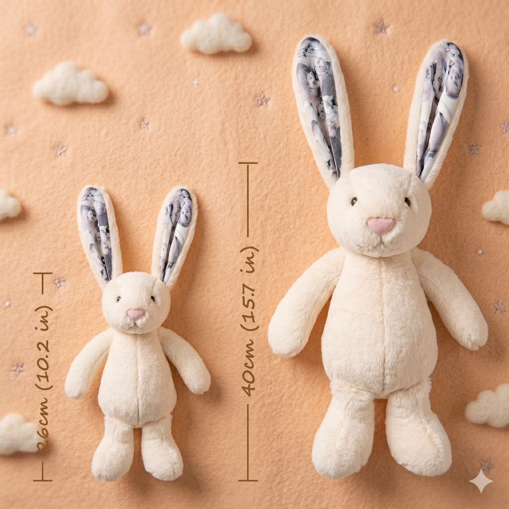 Personalisiertes Foto-Häschen Plüschtier – Kuscheliger Hase mit verstecktem Bild in den Ohren, Geschenk für Paare zum Jahrestag & Muttertag
