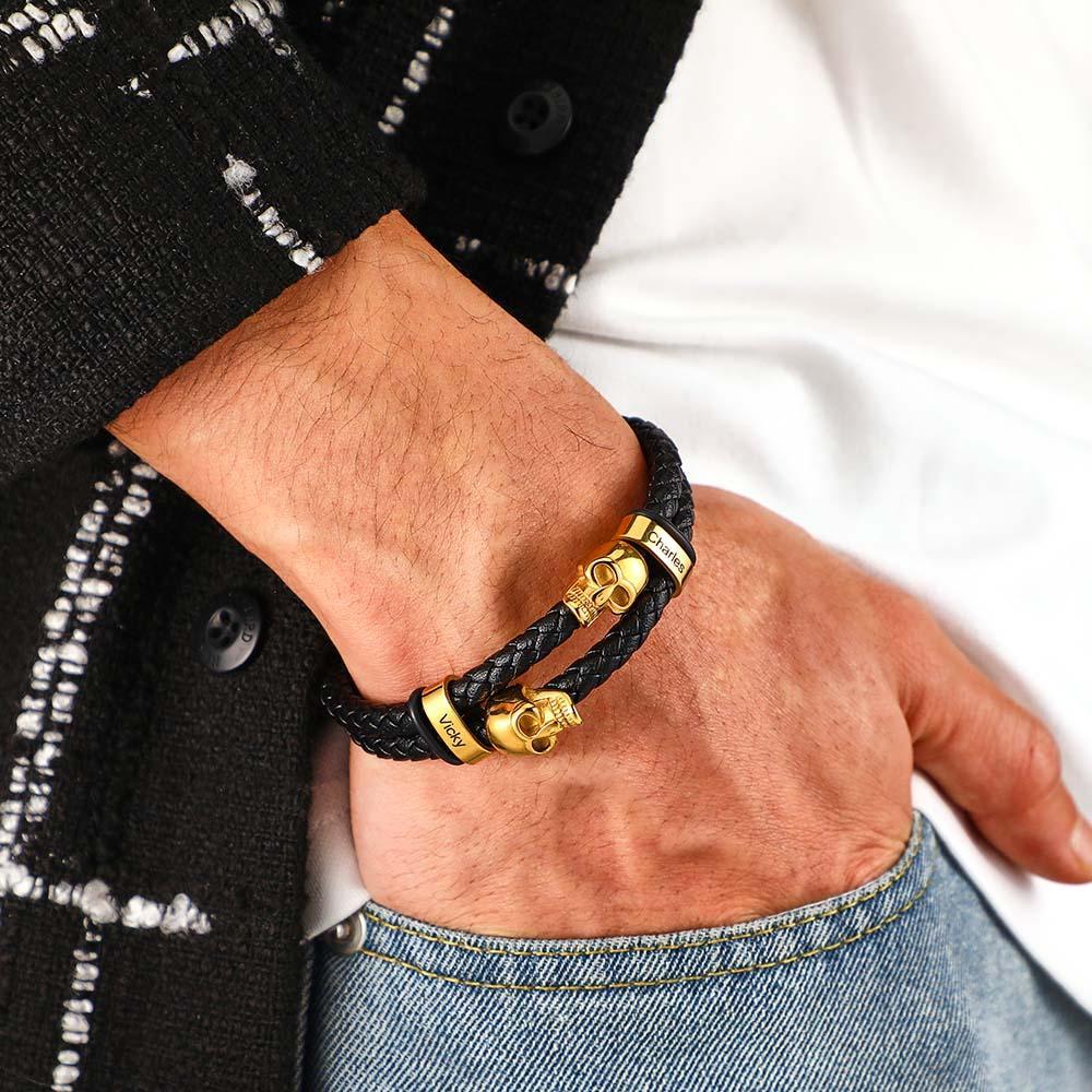 Personalisiertes Foto-schädel-lederarmband Mit Personalisierter Gravur, Mehrschichtiges Geflochtenes Armband, Geschenke Für Männer - soufeede