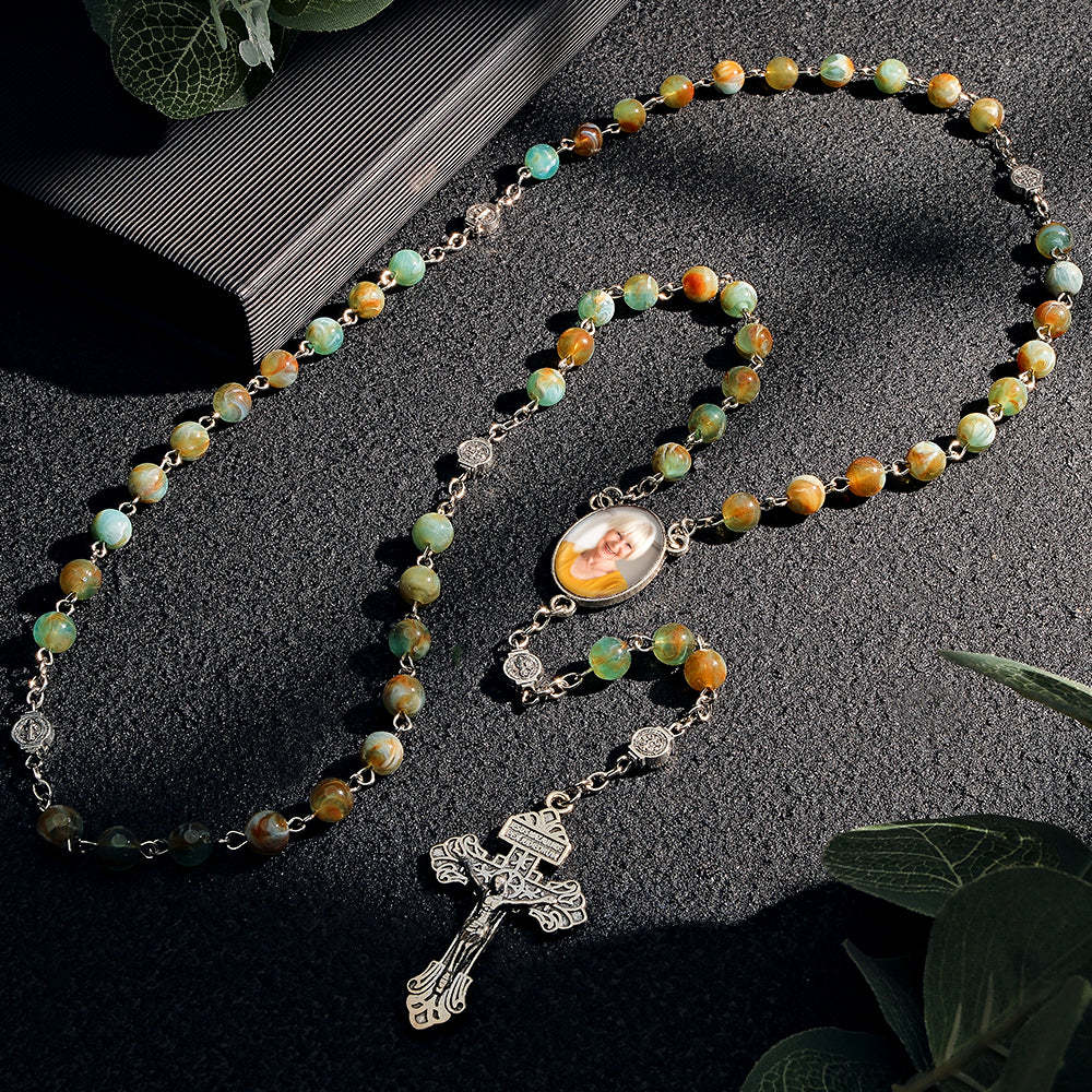 Personalisierte Rosenkranz-kreuz-halskette, Personalisierte Grüne Halskette Mit Foto - soufeede