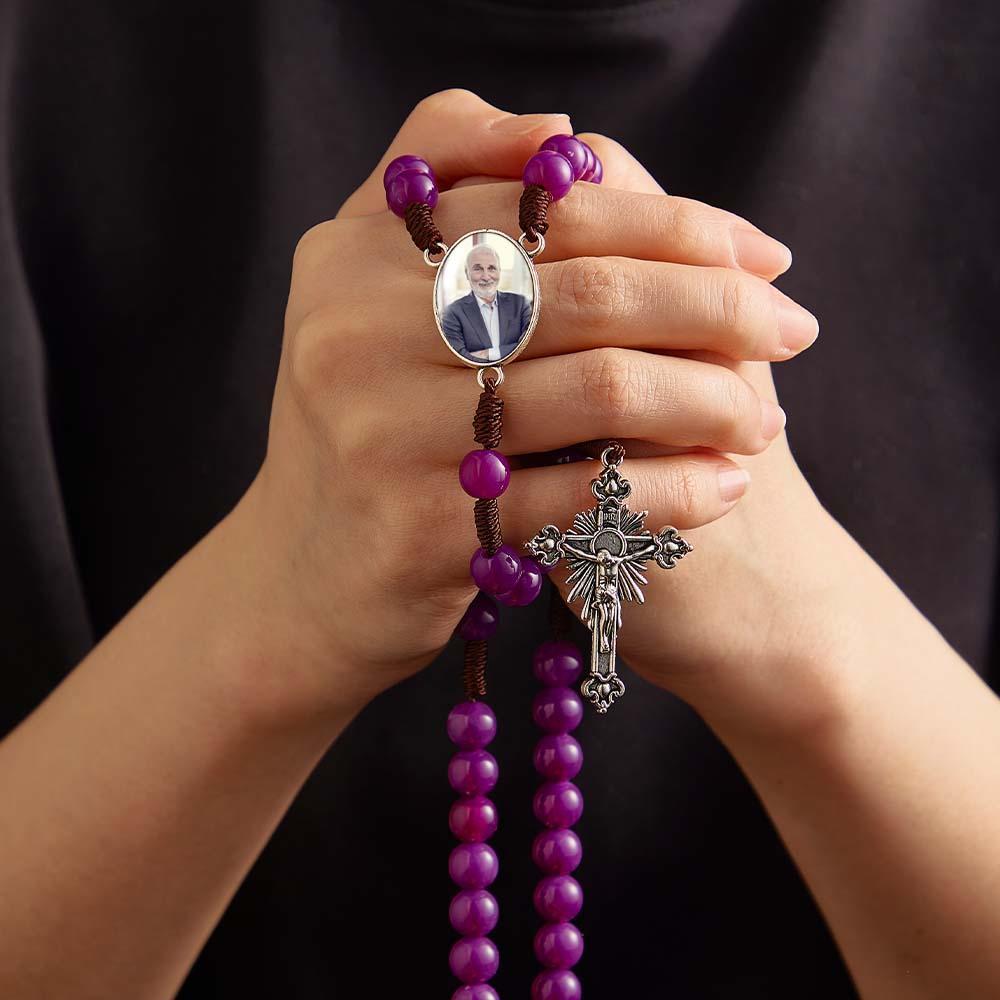 Personalisierte Rosenkranz-kreuz-halskette, Personalisierte Handgemachte Lila Halskette Mit Foto - soufeede