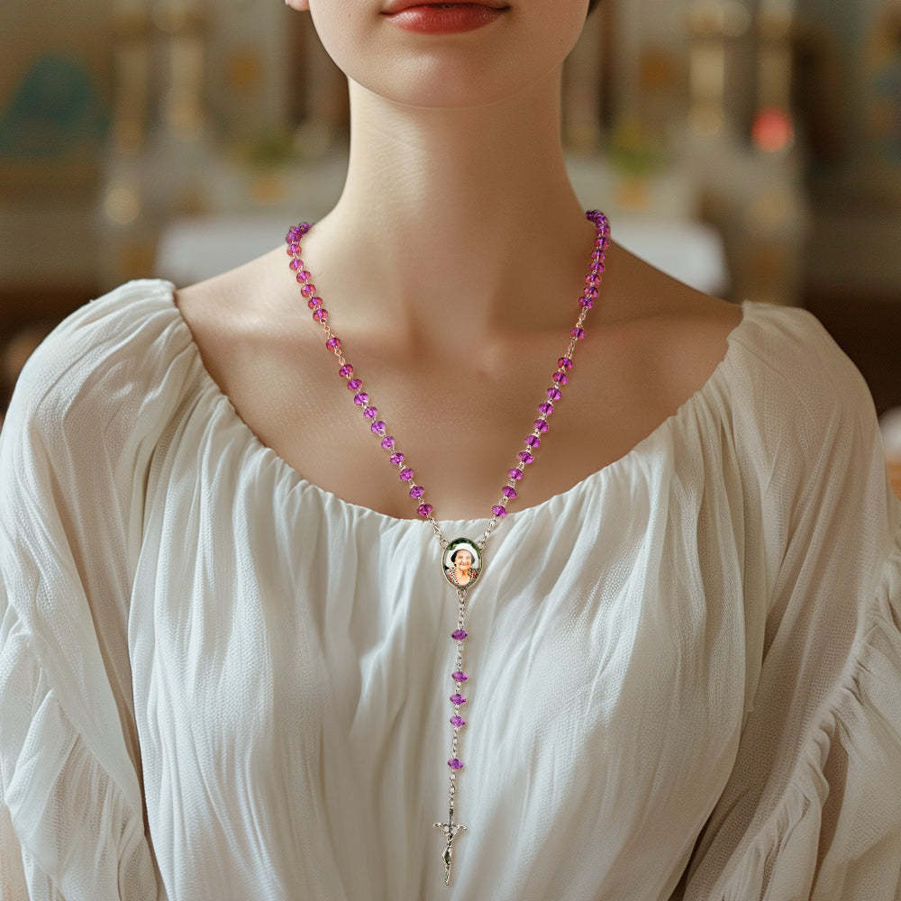 Personalisierte Rosenkranz-kreuz-halskette, Personalisierte Lila Flache Perlen-halskette Mit Foto - soufeede