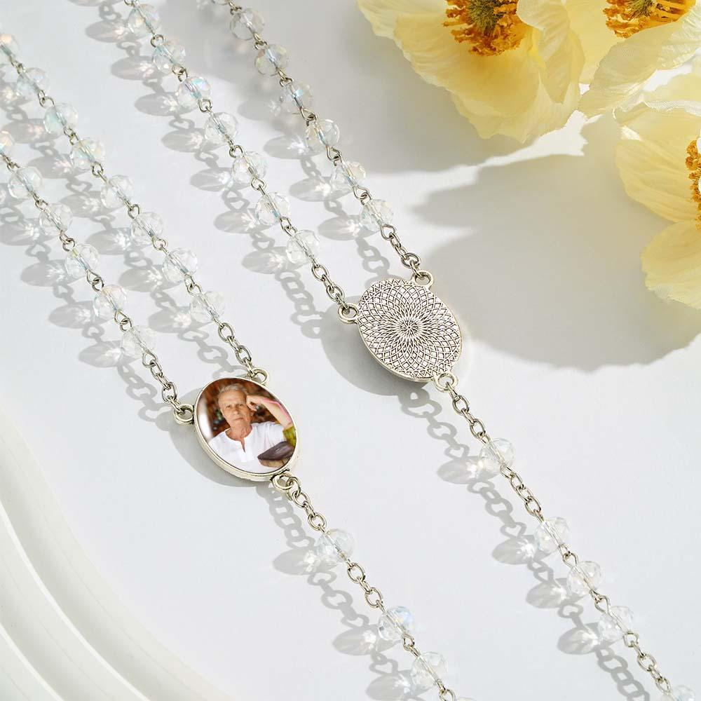 Benutzerdefinierte Rosenkranz-kreuz-halskette, Personalisierte Halskette Mit Weiß Plattierten Kristallperlen Und Foto - soufeede
