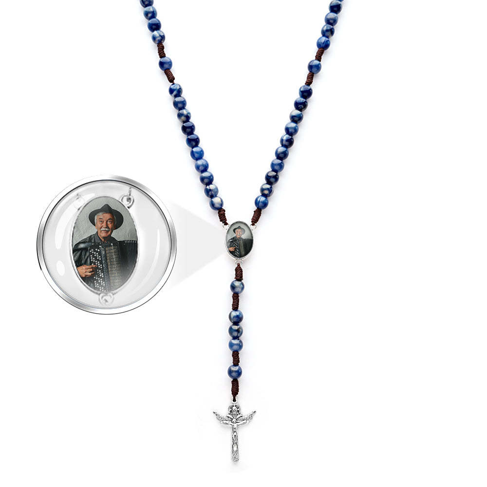 Benutzerdefinierte Rosenkranz-kreuz-halskette, Personalisierte Nachahmung Von Achatperlen, Handgewebte Halskette Mit Foto - soufeede