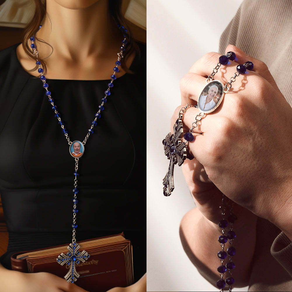 Personalisierte Rosenkranz-kreuz-halskette, Personalisierte Goth-blaue Perlen-halskette Mit Foto - soufeede