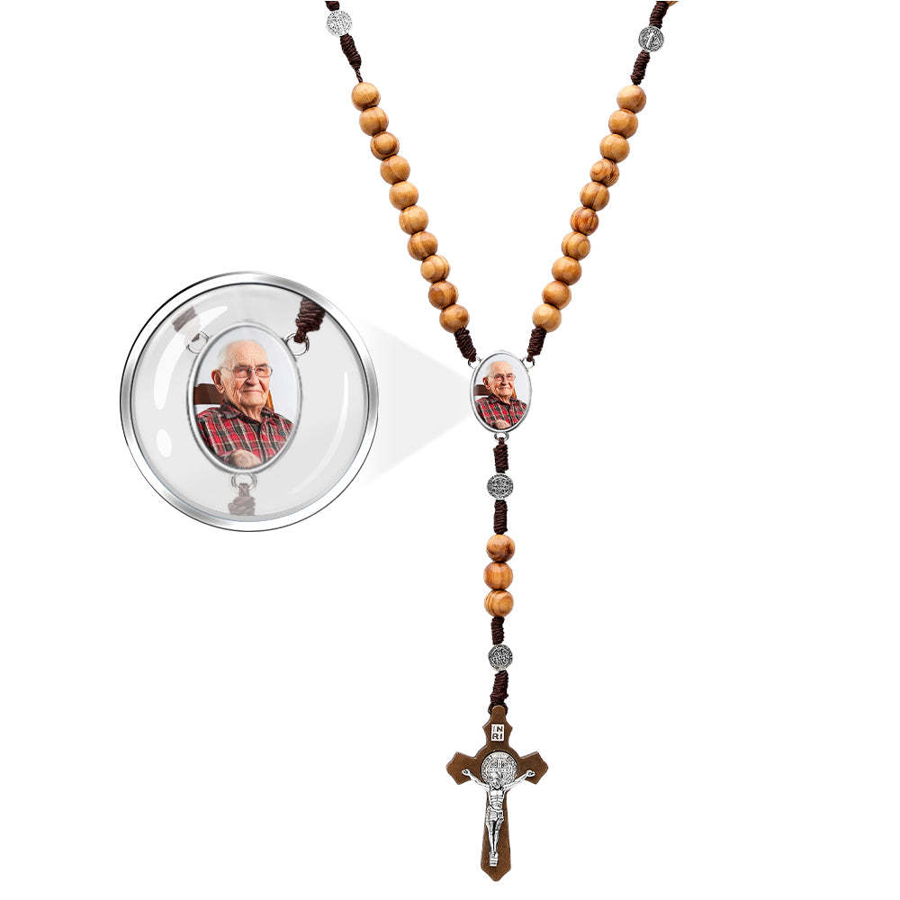 Benutzerdefinierte Rosenkranz Perlen Kreuz Halskette Personalisierte Vintage Helle Holzperlen Handgewebte Halskette Mit Foto - soufeede
