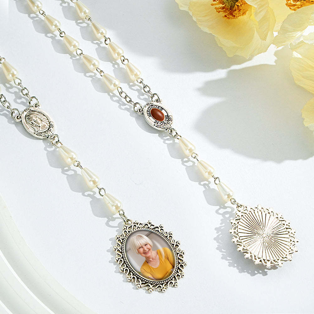 Personalisierte Rosenkranz-kreuz-halskette, Personalisierte Halskette Im Perlenstil Mit Foto - soufeede