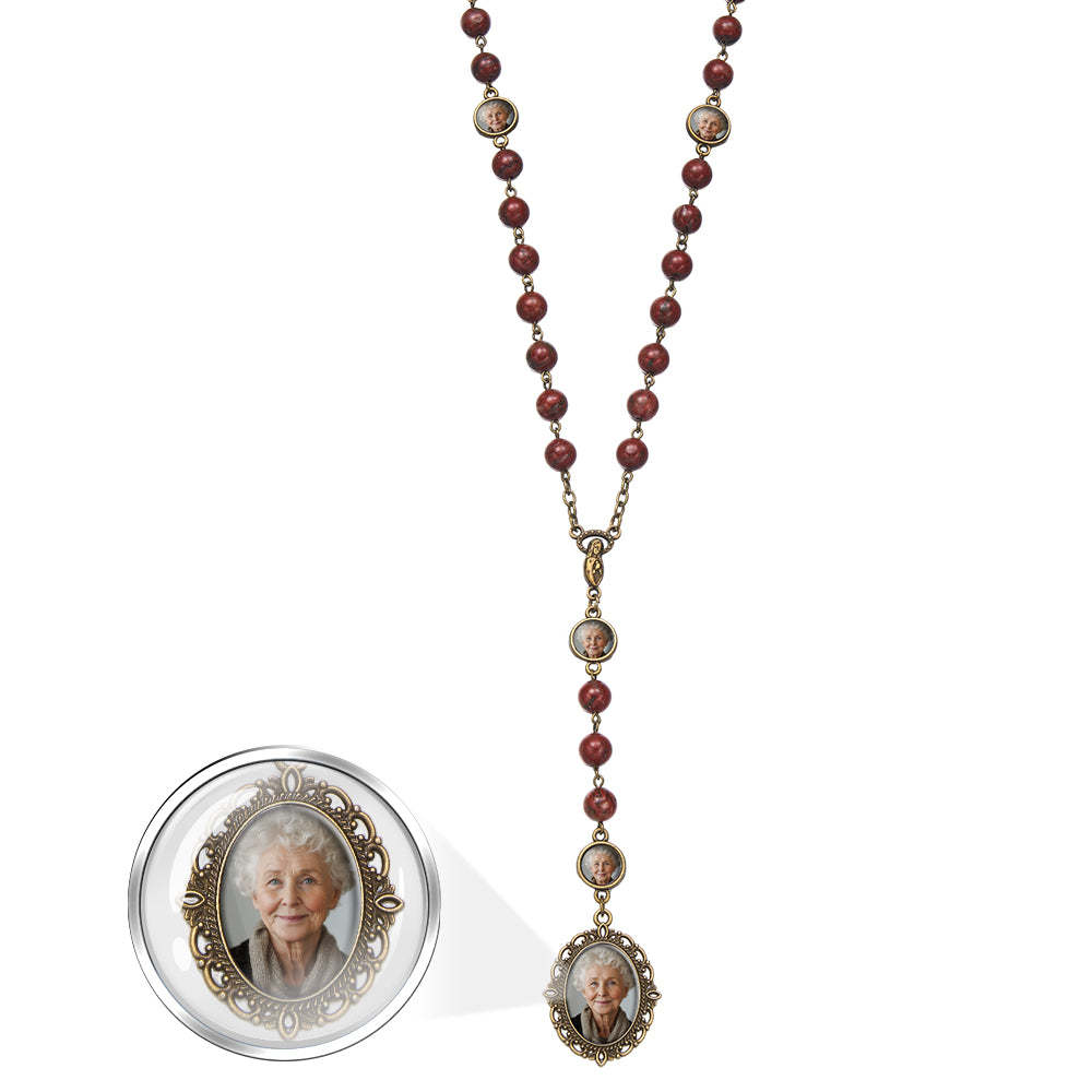 Personalisierte Rosenkranz-kreuz-halskette, Personalisierte Retro-sesamstein-halskette Mit Foto - soufeede