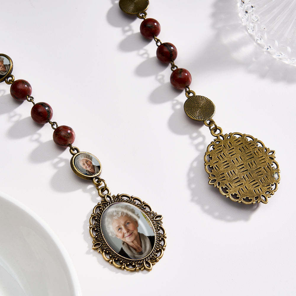 Personalisierte Rosenkranz-kreuz-halskette, Personalisierte Retro-sesamstein-halskette Mit Foto - soufeede