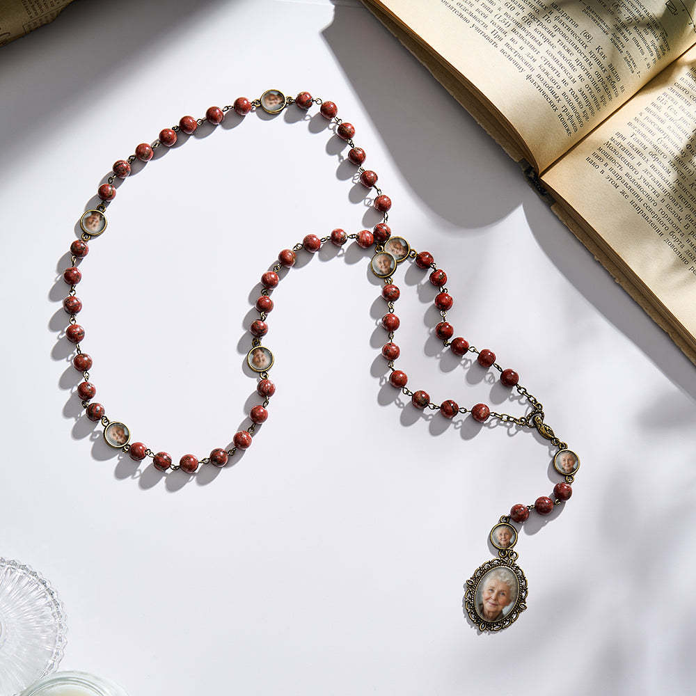 Personalisierte Rosenkranz-kreuz-halskette, Personalisierte Retro-sesamstein-halskette Mit Foto - soufeede