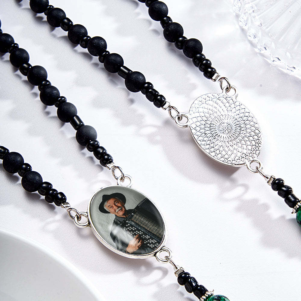 Benutzerdefinierte Rosenkranz-perlen-kreuz-halskette, Personalisiertes Muster, Schwarze Achat-imitat-halskette Mit Foto - soufeede