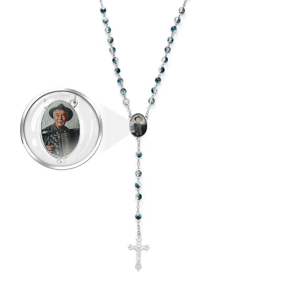 Benutzerdefinierte Rosenkranz-perlen-kreuz-halskette, Personalisierte Acryl-explosionsperlen-halskette Mit Foto - soufeede