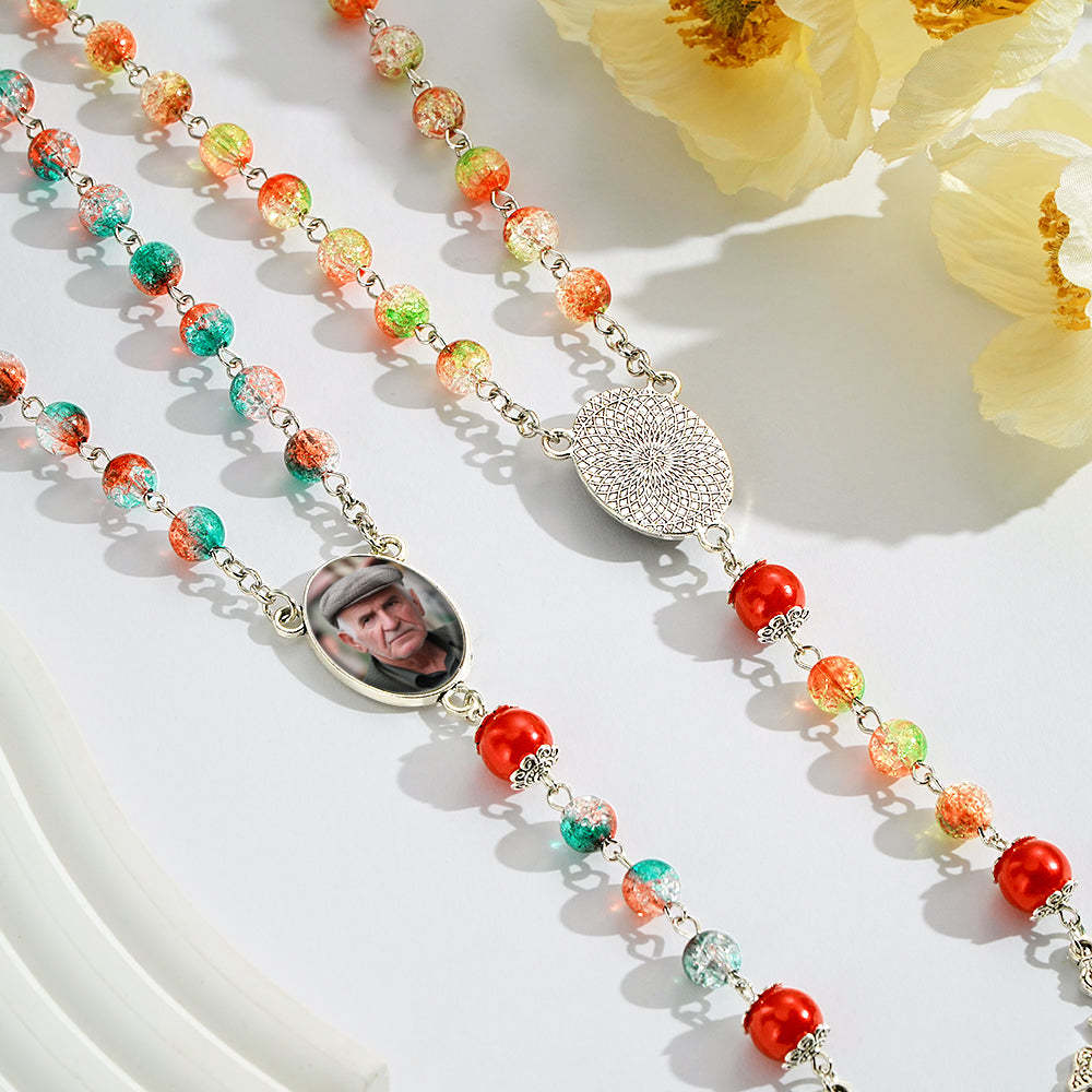 Benutzerdefinierte Rosenkranz-perlen-kreuz-halskette, Personalisierte Acryl-explosionsperlen, Lange Halskette Mit Foto - soufeede