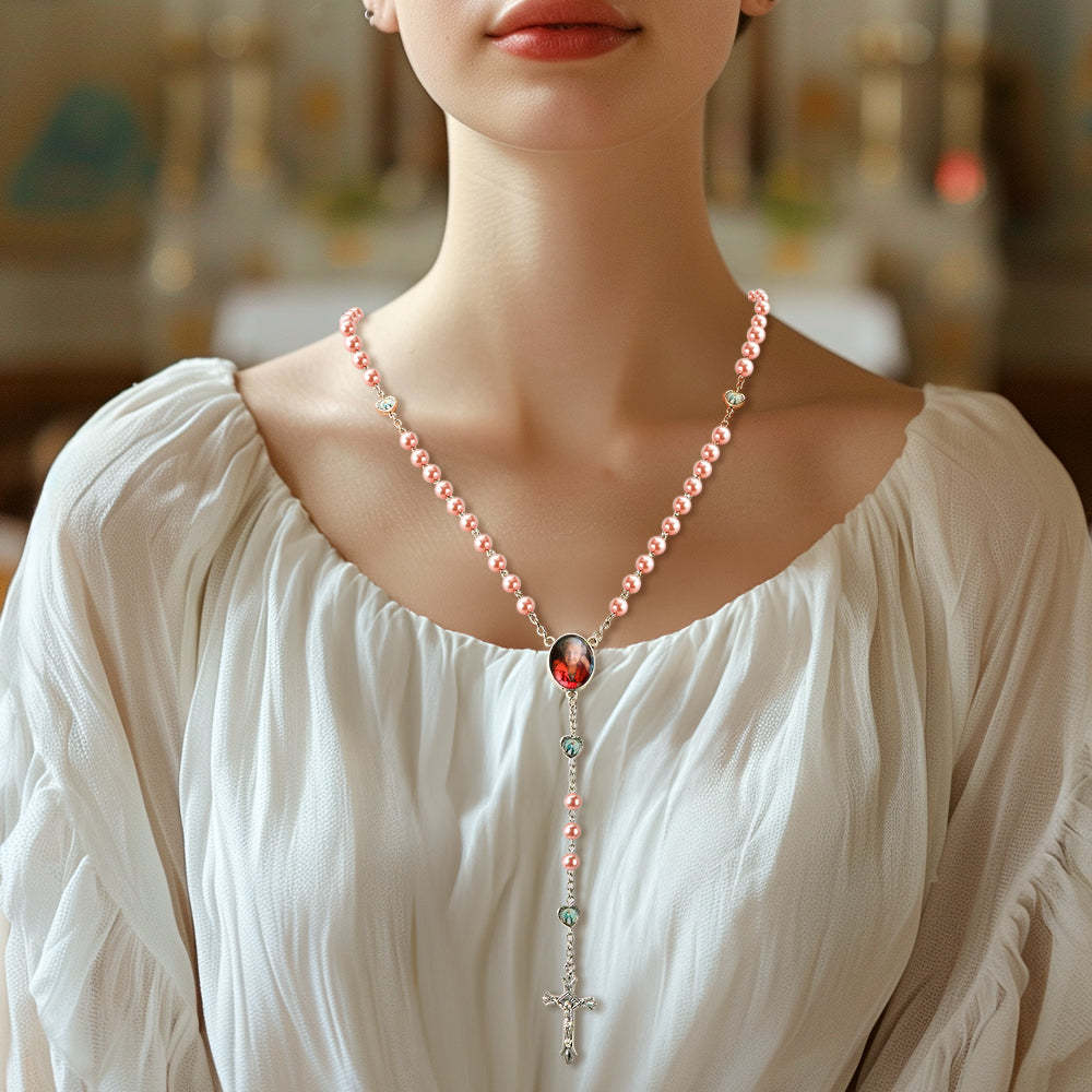 Personalisierte Rosenkranz-perlen-halskette, Personalisierte Glas-imitationsperlen-kreuz-halskette Mit Foto - soufeede
