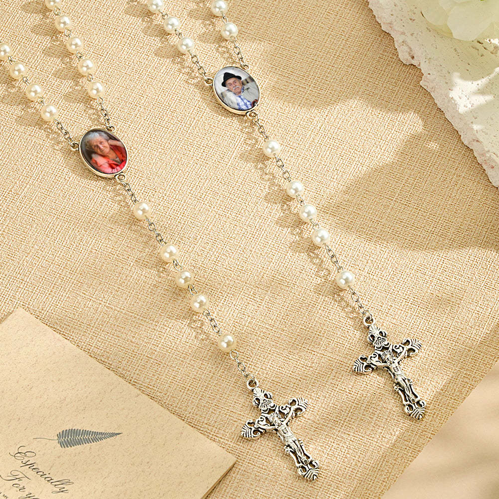 Benutzerdefinierte Rosenkranz-kreuz-halskette, Personalisierte Weiße Imitationsperlen-halskette Mit Foto - soufeede