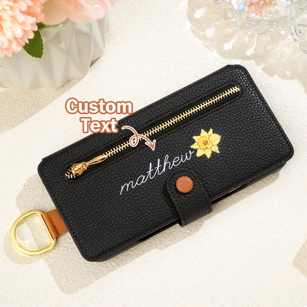 Personalisierte Geburtsblumen-namens-leder-flip-wallet-telefonhülle Mit Kartenhalter - soufeelde